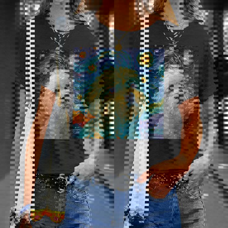 かわいいマルチーズドッグ 星月夜 ヴィンセント・ヴァン・ゴッホ絵画 Tシャツ 彼女への贈り物