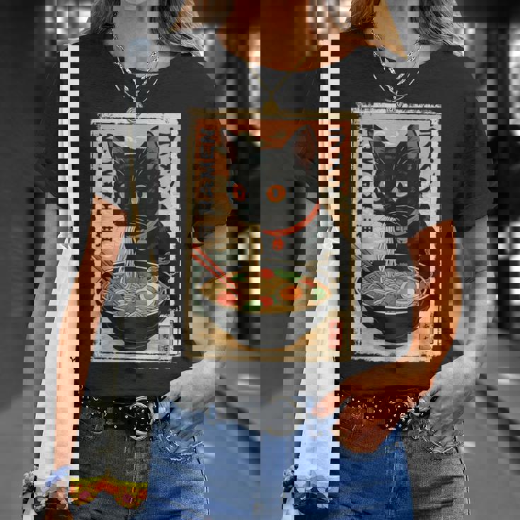 かわいい猫とラーメン麺 日本のアニメ漫画 Tシャツ 彼女への贈り物