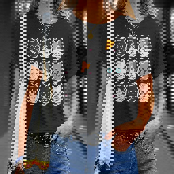 ねこ 9《ふぇいす》猫《黒・白・ハチワレ・三毛・ロシアン》【どうぶつフレンズ】顔 ゆるくて かわいい 動物 イラスト Tシャツ 彼女への贈り物