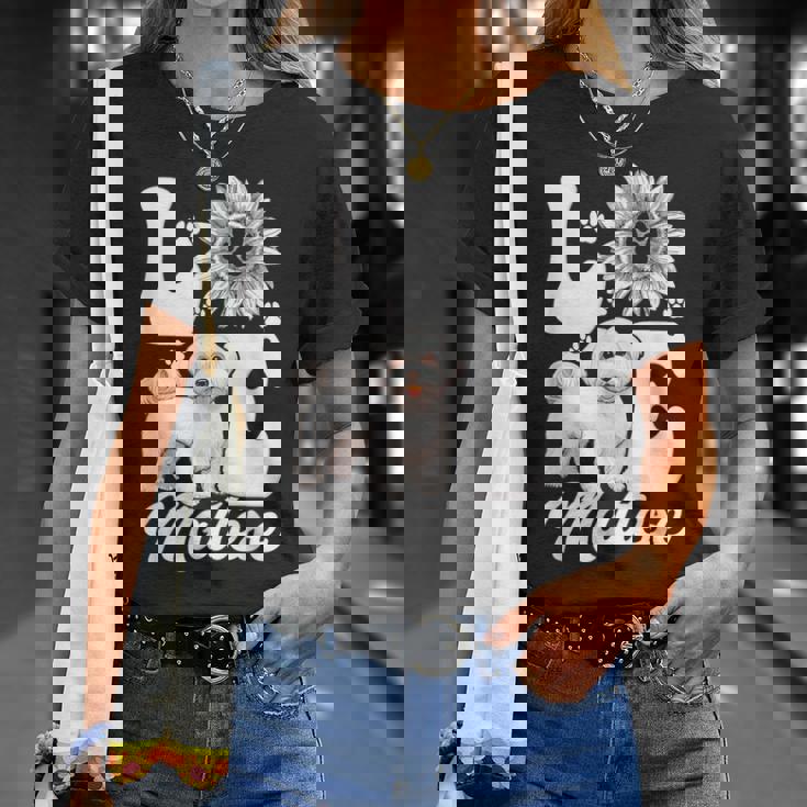 アイ・ラブ・マルチーズ・ドッグ・オーナー・ファニー・ポー・プリント・サンフラワー・ラバー Tシャツ 彼女への贈り物