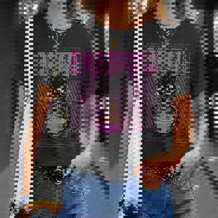 アニメ風ラーメン猫デザイン 充電と食欲のエネルギー系グラフィック Tシャツ 彼女への贈り物