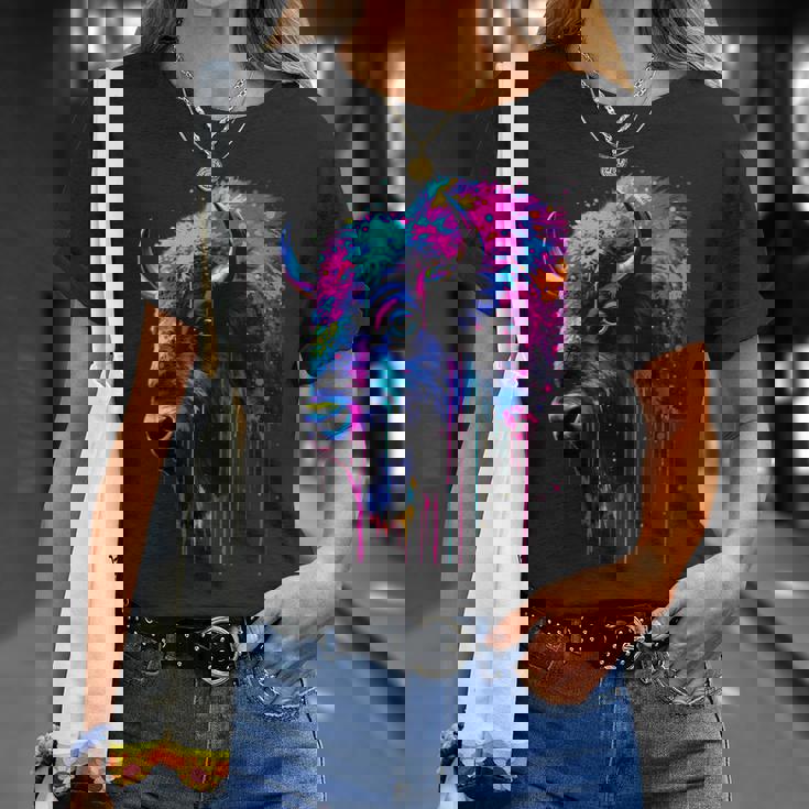 アメリカンバイソンカラーポップアート 美しいアメリカンバイソン愛好家 Tシャツ 彼女への贈り物