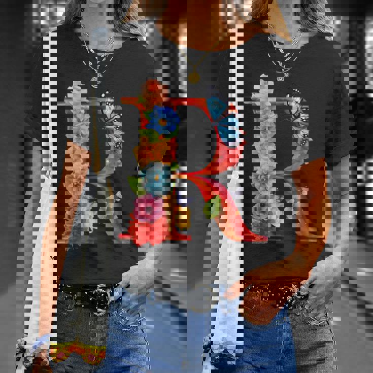 イニシャル R アルファベット バタフライ ローズ 花 水彩 モノグラム Tシャツ 彼女への贈り物