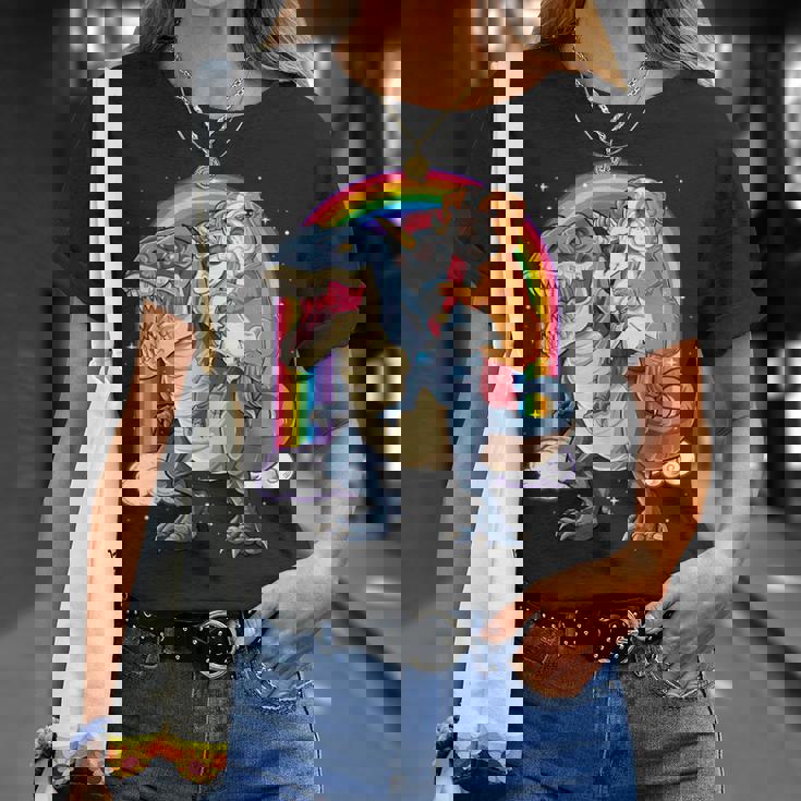 イングリッシュブルドッグ ユニコーン ライディング ダイナソー Tレックス ギフト メンズ レディース Tシャツ 彼女への贈り物