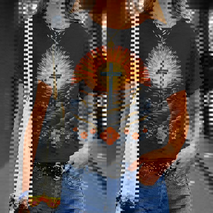 イースターデー クロスフラワー サンセット クリスチャン イースター Tシャツ 彼女への贈り物