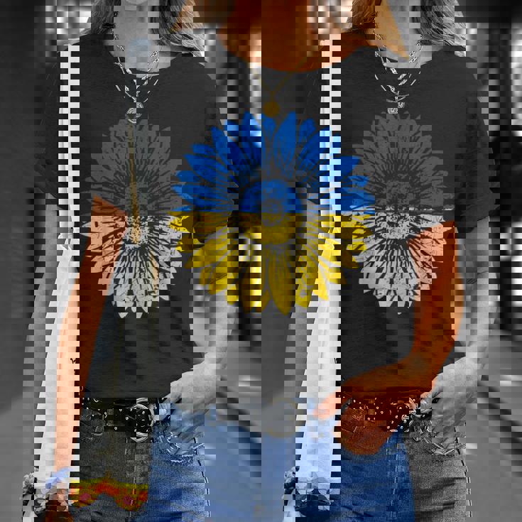 ウクライナの平和ひまわり苦しめられた青と黄色 Tシャツ 彼女への贈り物