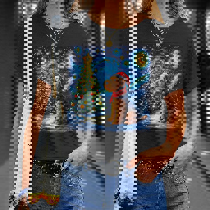 エアデール・テリア 星降る夜 クリスマス ゴッホ 犬の休日 Tシャツ 彼女への贈り物