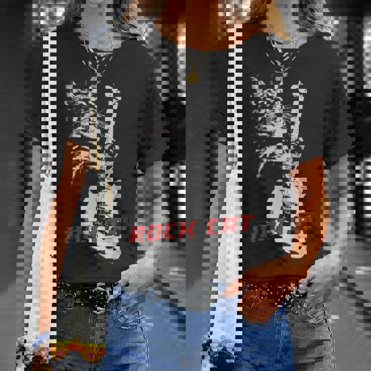 エレキギターを弾くロックキャット 面白い猫ニャーパロディショー Tシャツ 彼女への贈り物