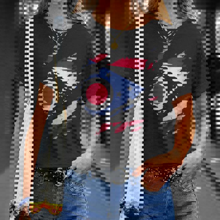 オハイオ州オハイオ州立大学 破れ加工 オハイオ州旗 Tシャツ 彼女への贈り物