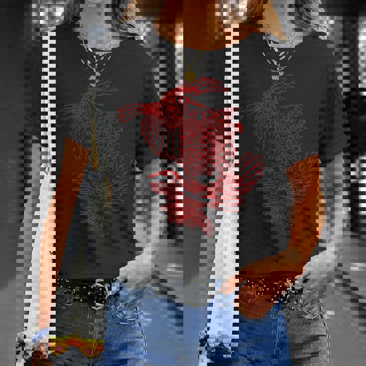 オリジナルツインサギと菊レッドラインアート Tシャツ 彼女への贈り物