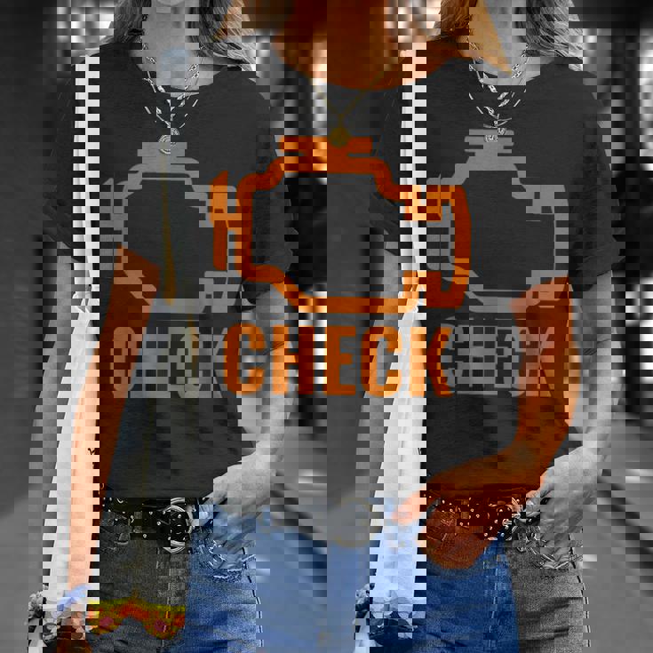 オレンジ色の車のエンジンダッシュボード警告灯 面白いメカニック。 Tシャツ 彼女への贈り物