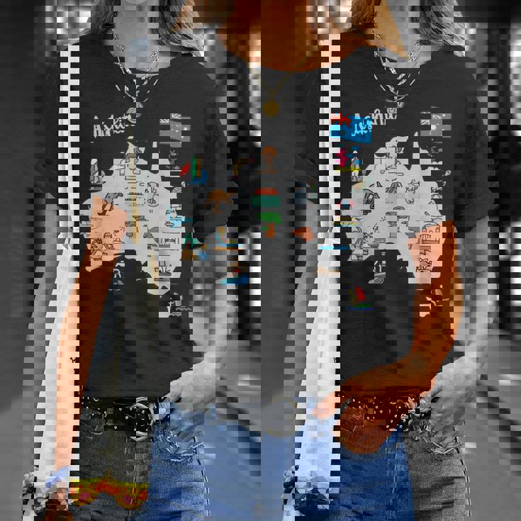 オーストラリアの地図。風景、動物、文化、シンボルのアイコン Tシャツ 彼女への贈り物