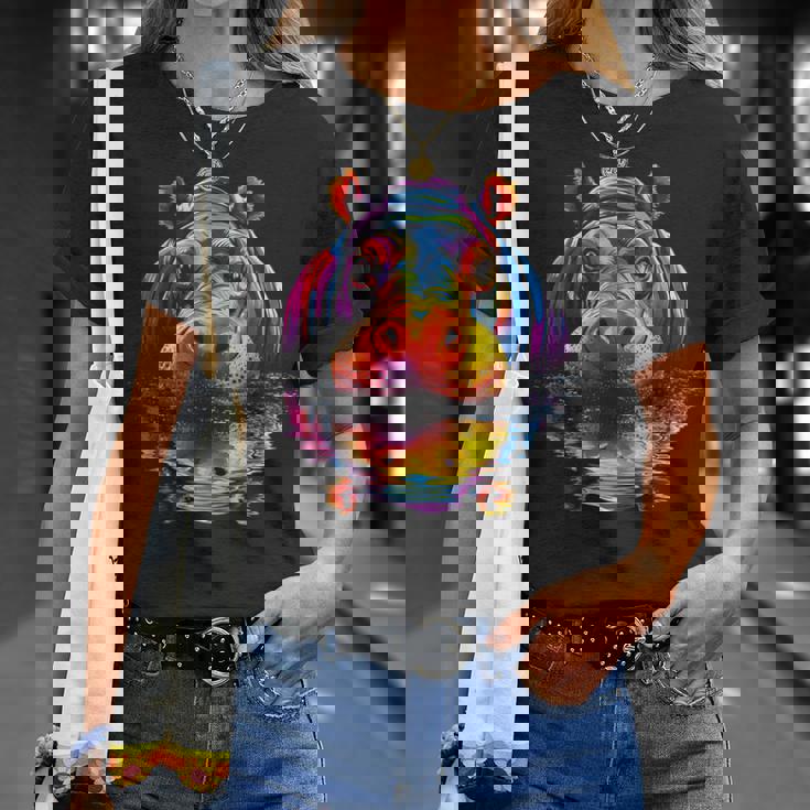 カバ カラフル アート 動物 かわいい グラフィック モチーフ カバ Tシャツ 彼女への贈り物