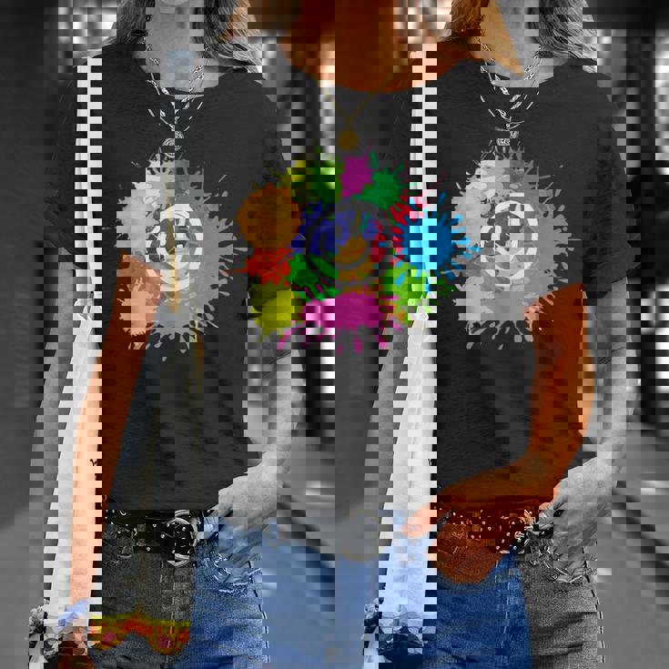 カラフル スプラッター ペイント 水彩 スマイル フェイス ユニセックス Tシャツ 彼女への贈り物