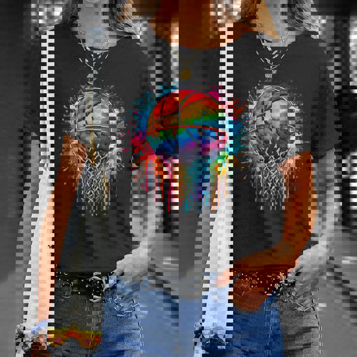 カラフル バスケットボール 絞り染め カラー スプラッシュ フープ ネット スラム ダンク Tシャツ 彼女への贈り物