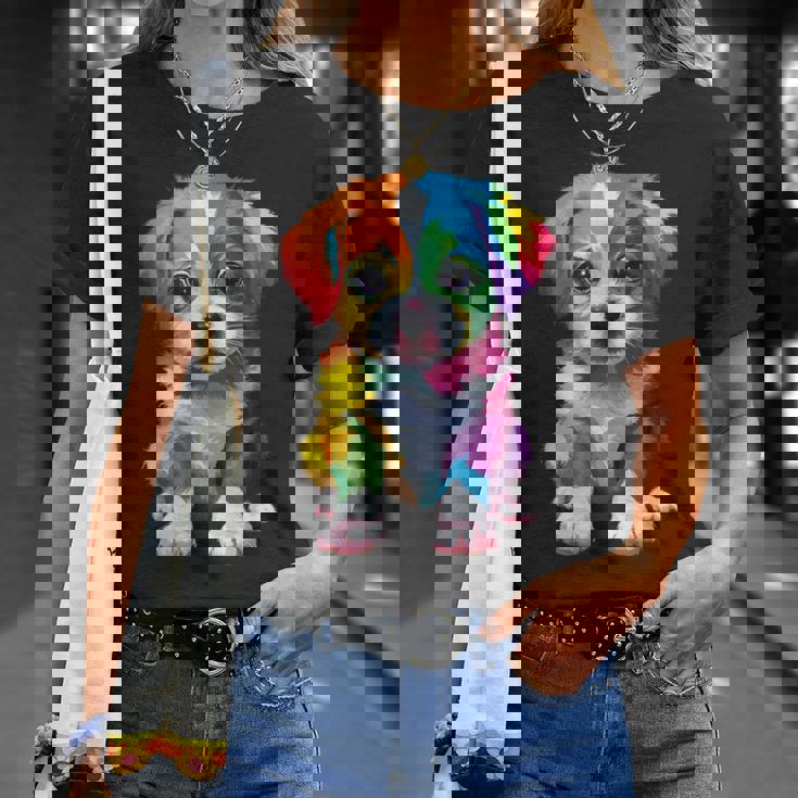 カラフルなかわいい子犬 愛らしい犬 Tシャツ 彼女への贈り物