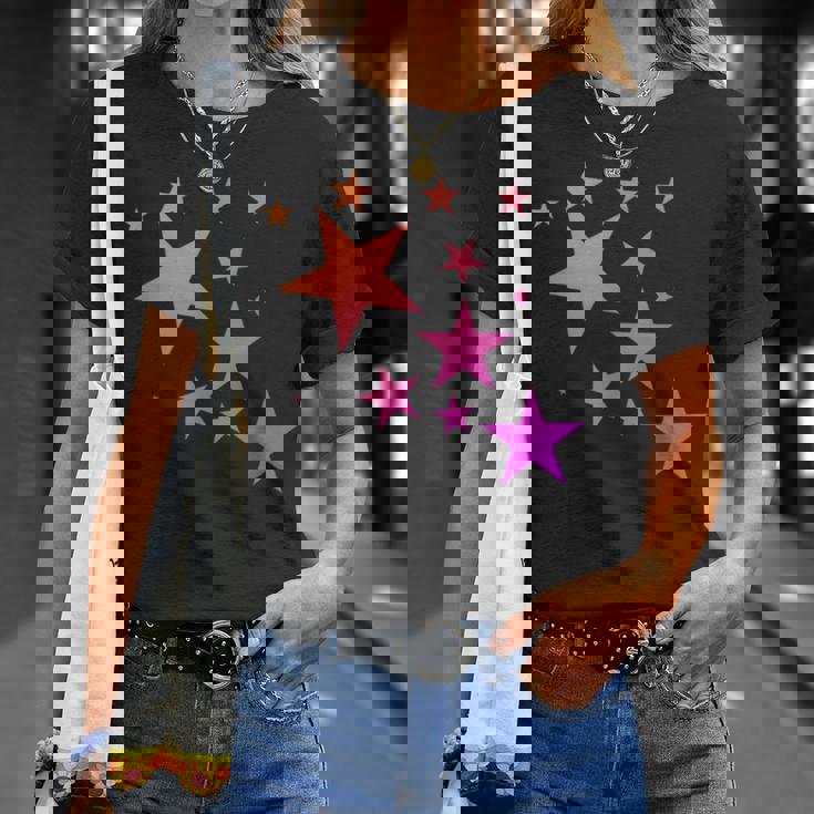 カラフルなオレンジピンクの星、流れ星柄デザイン。 Tシャツ 彼女への贈り物
