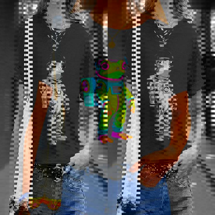 カラフルなカエルの宇宙飛行士キャラクター Tシャツ 彼女への贈り物