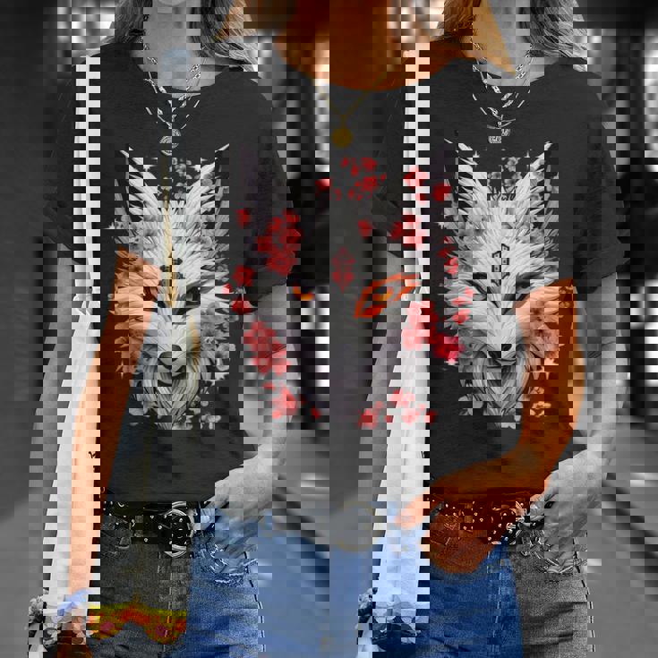 キツネ キツネ キツネ マスク アニメ カワイイ 桜 花 Tシャツ 彼女への贈り物