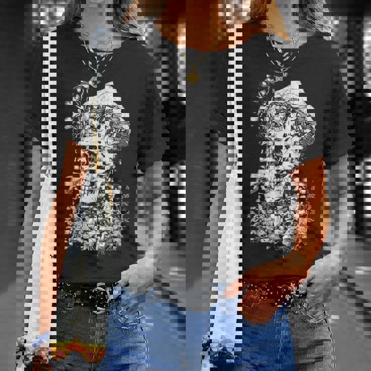 キノコや花があしらわれた骸骨の幻覚的なイラスト Tシャツ 彼女への贈り物