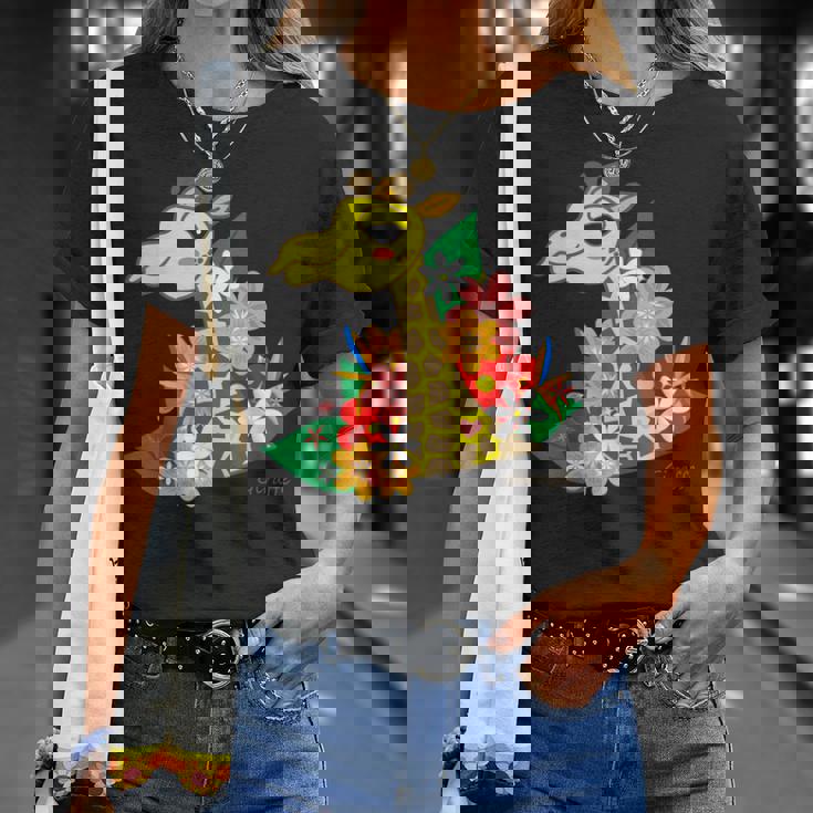 キリン 花 Giraffes Flower Tシャツ 彼女への贈り物