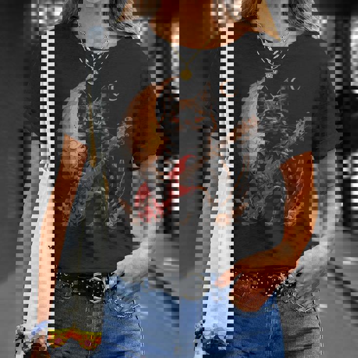 ギターを弾くロックキャット 面白いロックミュージックギター猫 Tシャツ 彼女への贈り物