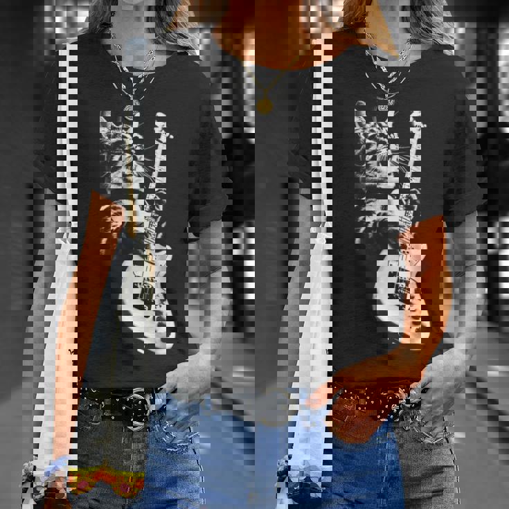 ギターを弾くロック猫 面白いギター猫 Tシャツ 彼女への贈り物