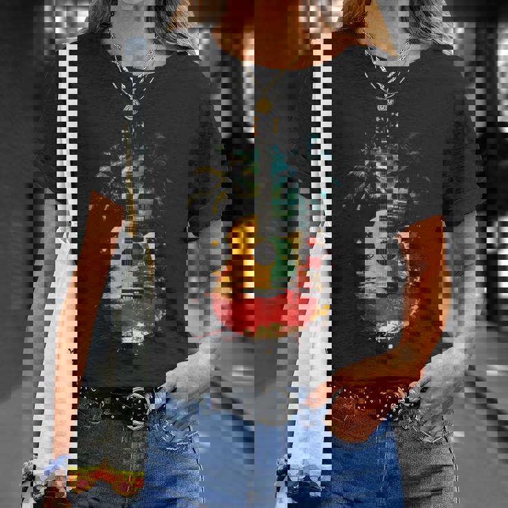 ギタープレーヤー ヤシの木 レゲエ 音楽 ギタリスト ミュージシャン 長袖tシャツ Tシャツ 彼女への贈り物