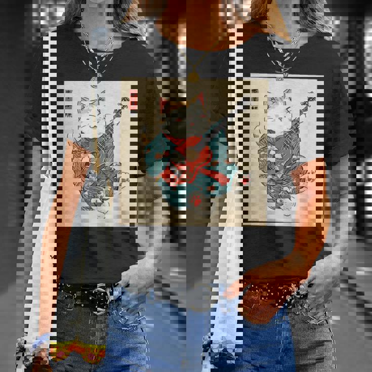 ギター奏でる猫 着物姿 ヴィンテージ 日本美術 面白い Tシャツ 彼女への贈り物