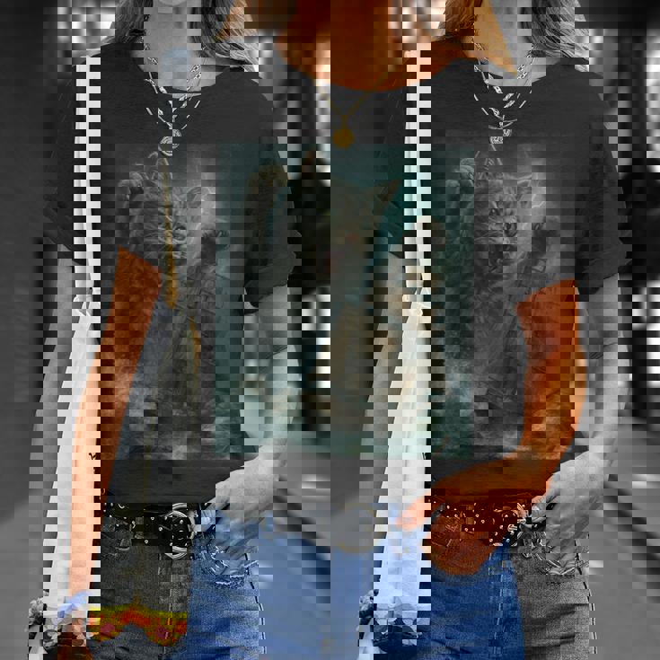 クラーケンの海の怪獣が海に潜る海賊船を襲う巨大猫 Tシャツ 彼女への贈り物