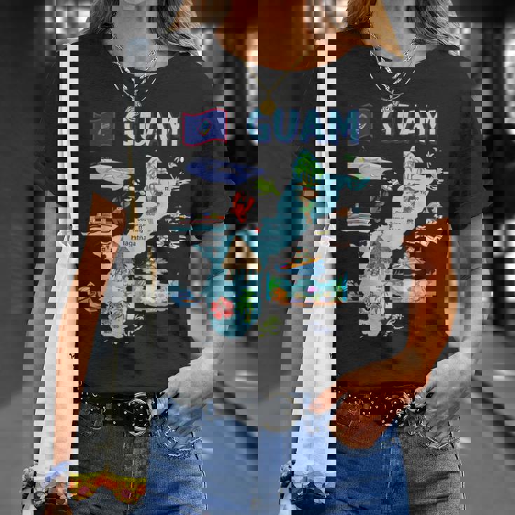 グアム、主要都市、旗、アメリカの観光名所地図 Tシャツ 彼女への贈り物