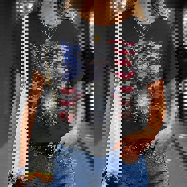 グレー 猫 ねこ バイク 星条旗 アメリカ Tシャツ 彼女への贈り物