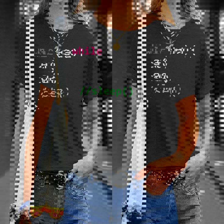 コンピュータサイエンスのpythonプログラマはコードの睡眠を食べます Tシャツ 彼女への贈り物