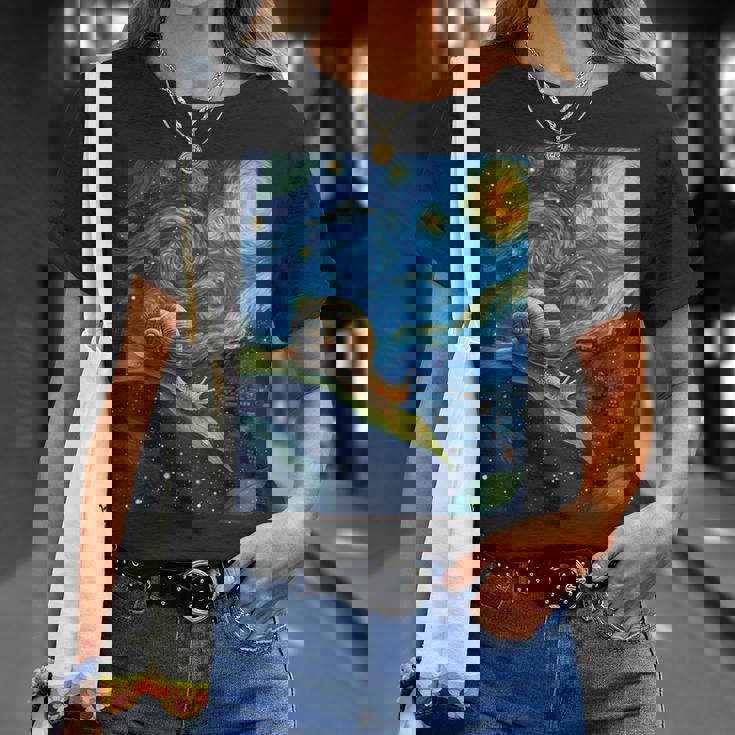 ゴッホの星空の夜のカタツムリスローモーバー動物愛好家 Tシャツ 彼女への贈り物