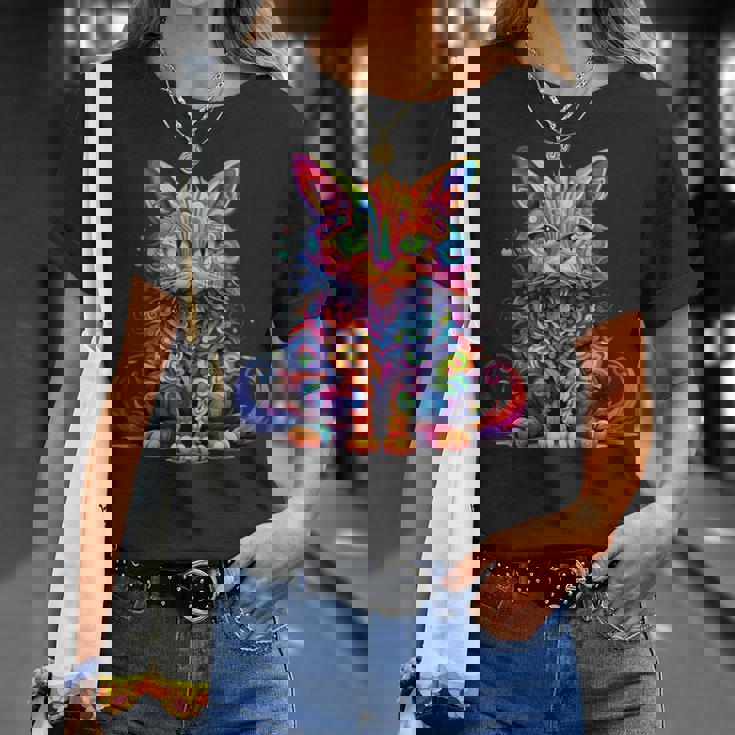 サイケデリック マンガ 猫 カラフル ファンタジー 曼荼羅スタイル Tシャツ 彼女への贈り物