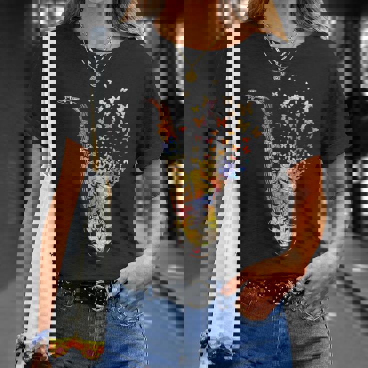 サクソフォニスト コロラド 蝶 音符 ジャズサックス Tシャツ 彼女への贈り物