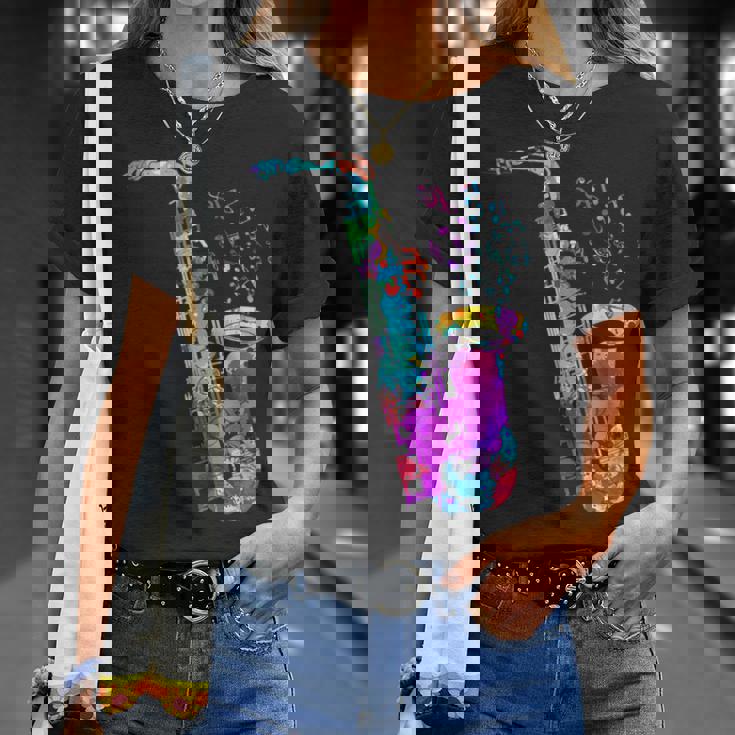 サクソフォン プレーヤー ジャズ 音符 サクソフォン カラフル サックス Tシャツ 彼女への贈り物