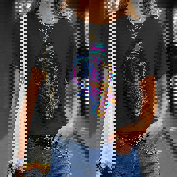 サックス奏者 ジャズ好きのためのカラフルなラインアート Tシャツ 彼女への贈り物