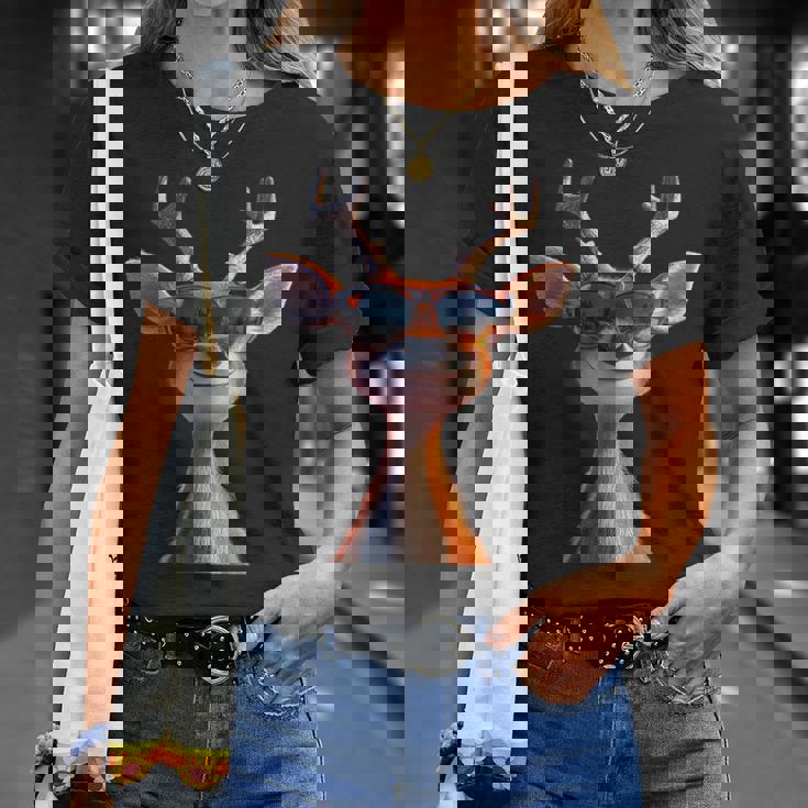 サングラスの角を持つ雄鹿狩猟鹿トナカイ赤鹿 Tシャツ 彼女への贈り物