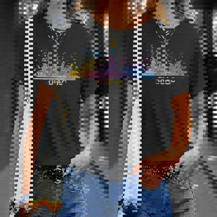 シカゴのスカイライン カラフル 街並み シカゴ Tシャツ 彼女への贈り物