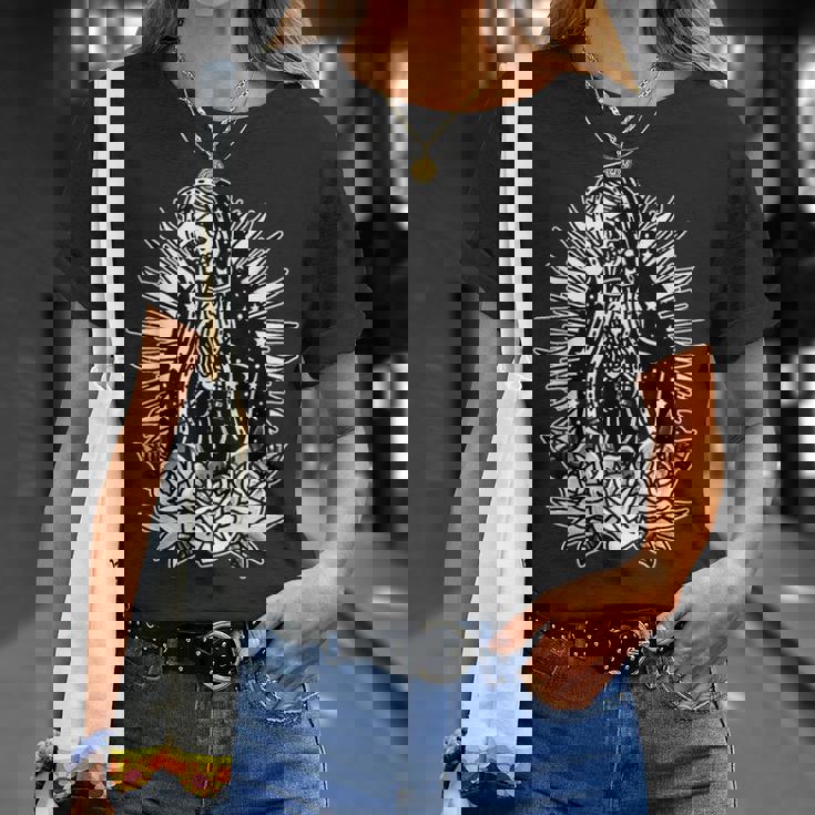 スケルトン メアリー チカーノ X バラ トラディショナル タトゥー フラッシュ Tシャツ 彼女への贈り物