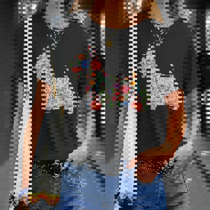 スコティッシュテリア水彩フラワーデザイン。 Tシャツ 彼女への贈り物