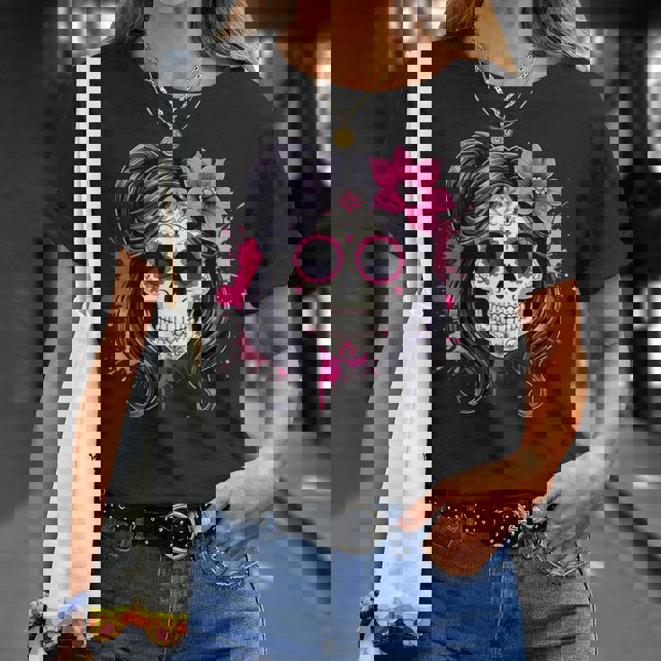 スタイリッシュなマゼンタ サクラ ムエルテ スカルデザイン Dia De Los Muertos Tシャツ 彼女への贈り物