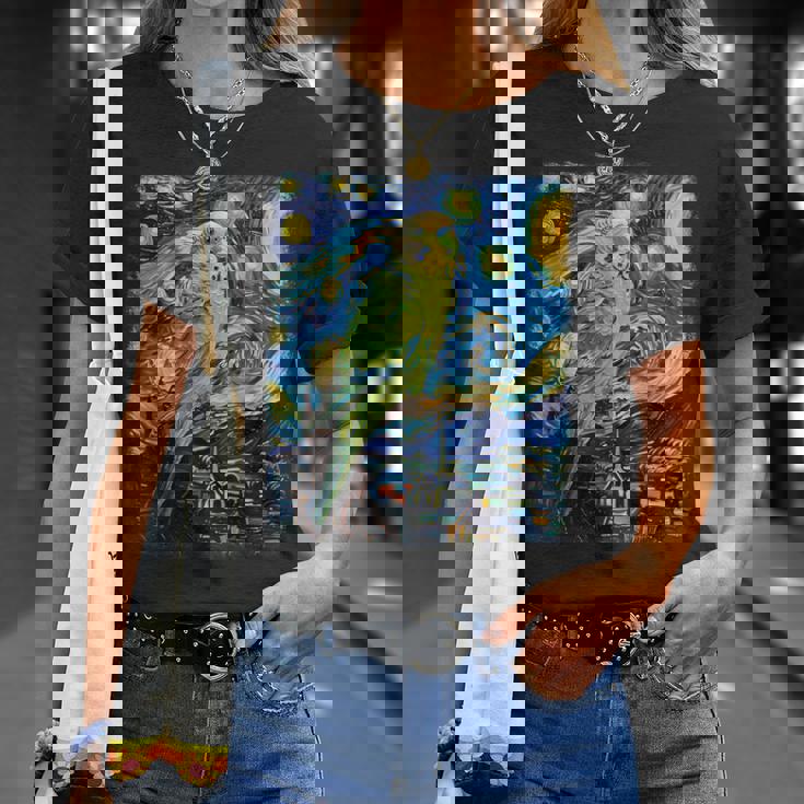 セキセイインコ オウム 鳥 星月夜 絵画 Tシャツ 彼女への贈り物