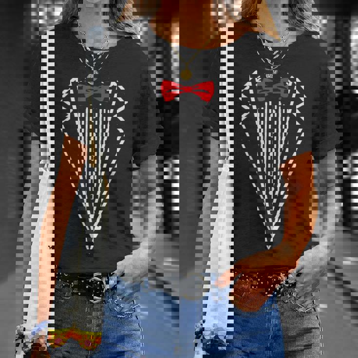 メンズ タキシード 赤い蝶ネクタイ付き ブラックスーツ 面白い メンズ レディース キッズ Tシャツ 彼女への贈り物