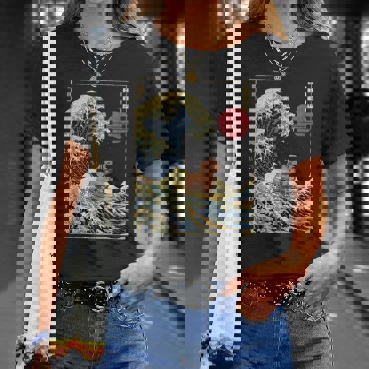 ダックスフント 日本の神奈川波 おもしろサーフドッグ Tシャツ 彼女への贈り物