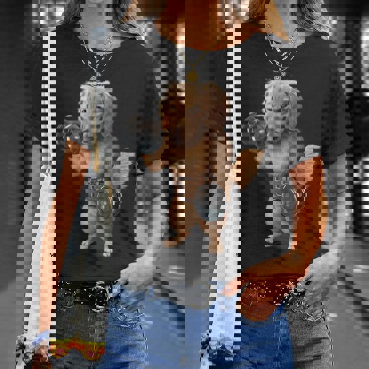 ダックスフンド 犬の筋肉トレーニング ダンベル付き フィットネスジム Tシャツ 彼女への贈り物