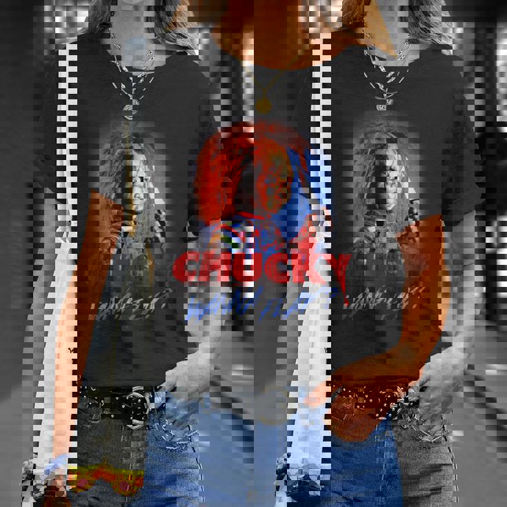 チャッキー・ワナ・プレイ・ブラッディ・ナイフ Tシャツ 彼女への贈り物