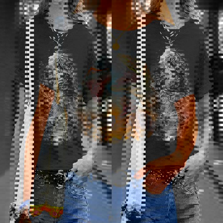 ティラノサウルス レックス 恐竜 先史時代の満月 Tシャツ 彼女への贈り物