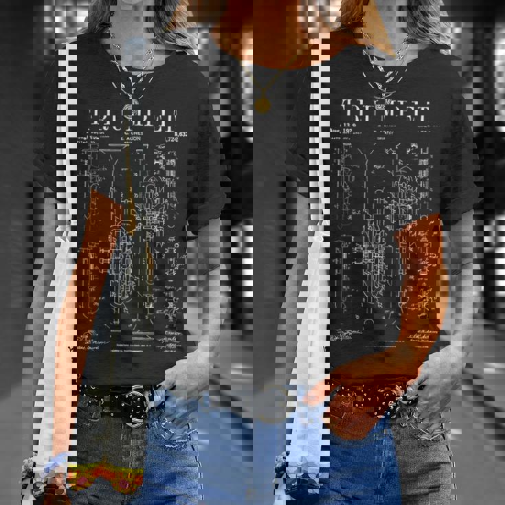 トランペットヴィンテージ特許トランペティスト図面プリント Tシャツ 彼女への贈り物